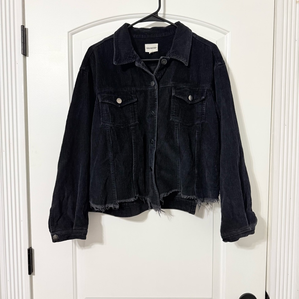 LALA Factory Black Corduroy Jacket Womens Size Medium Y2K Distressed Raw Hem